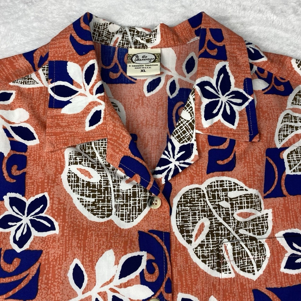 GO BAREFOOT Womens Hawaiian Shirt XL Orange/ Blue Floral Print